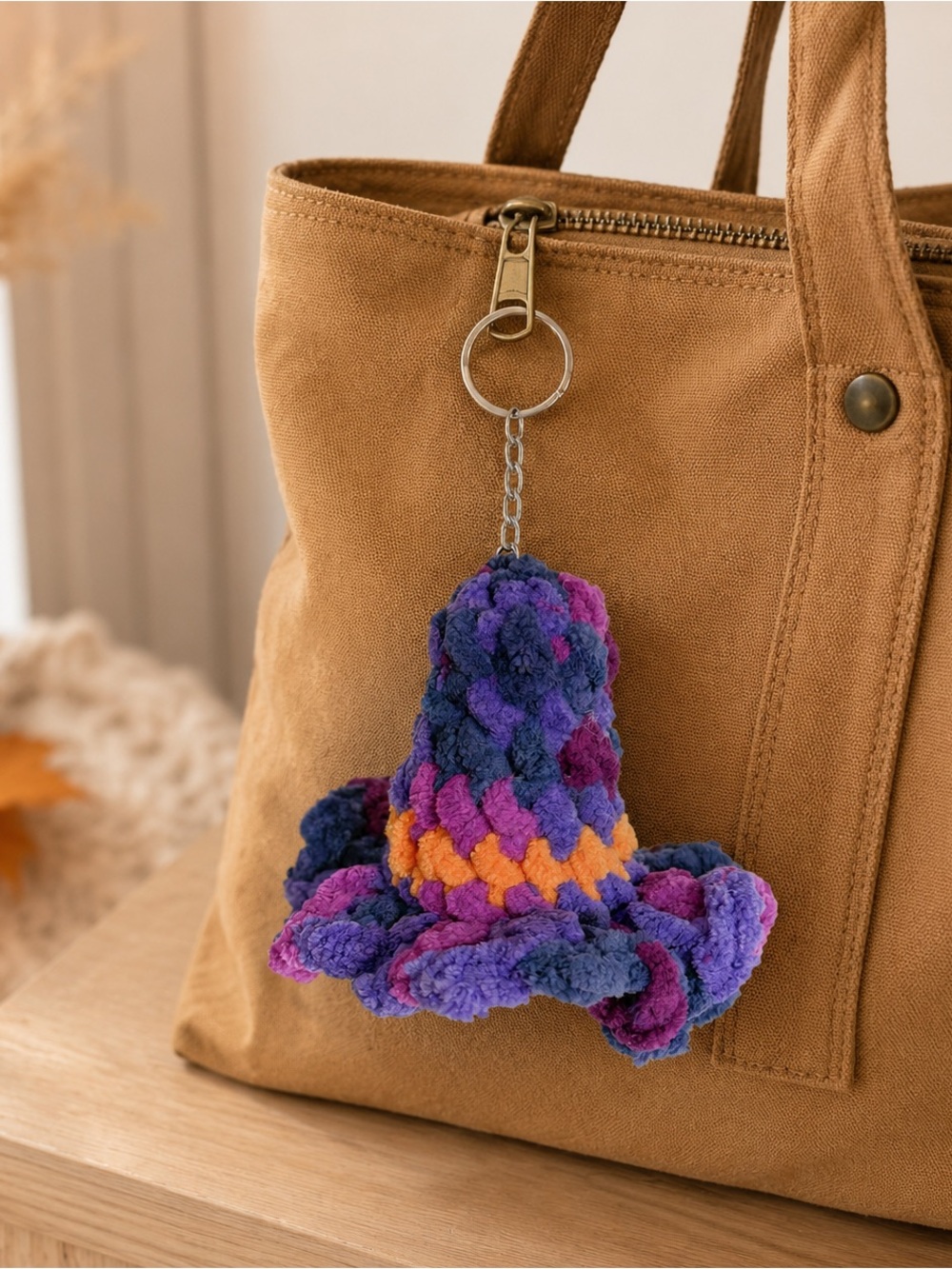 Handmade Crochet Witch Hat Keychain –     Variegated Midnight Purple and Orange